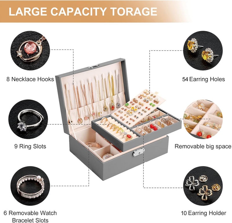 Sanikeon Jewelry Box for Women Girls 2 Layer Leather Travel Jewelry Organizer Storage Case with Lock and Removable Tray for Necklace Earrings Rings Bracelets Gift, Come with Polishing Cloth and Jewelry Bags - Image 4
